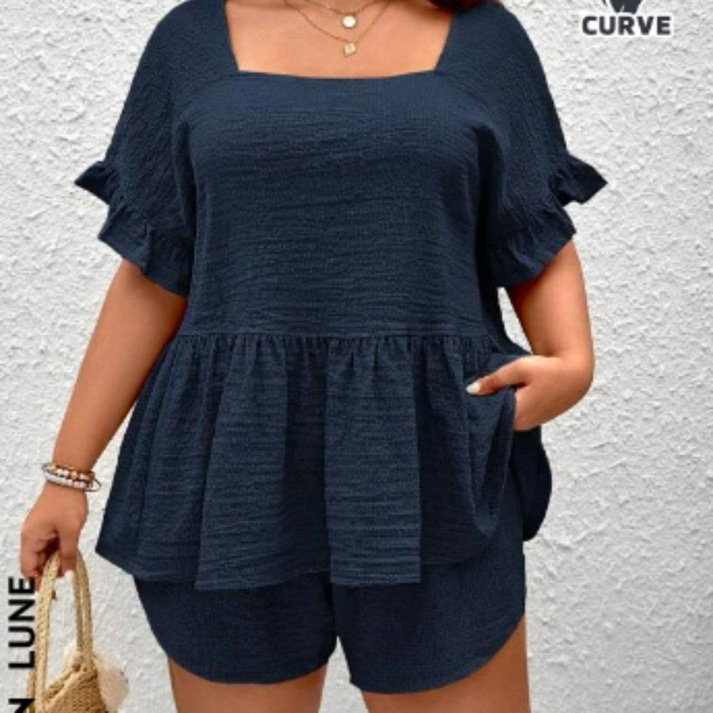 NWT SHEIN LUNE Plus Square Neck Flounce Sleeve Peplum Top & Shorts